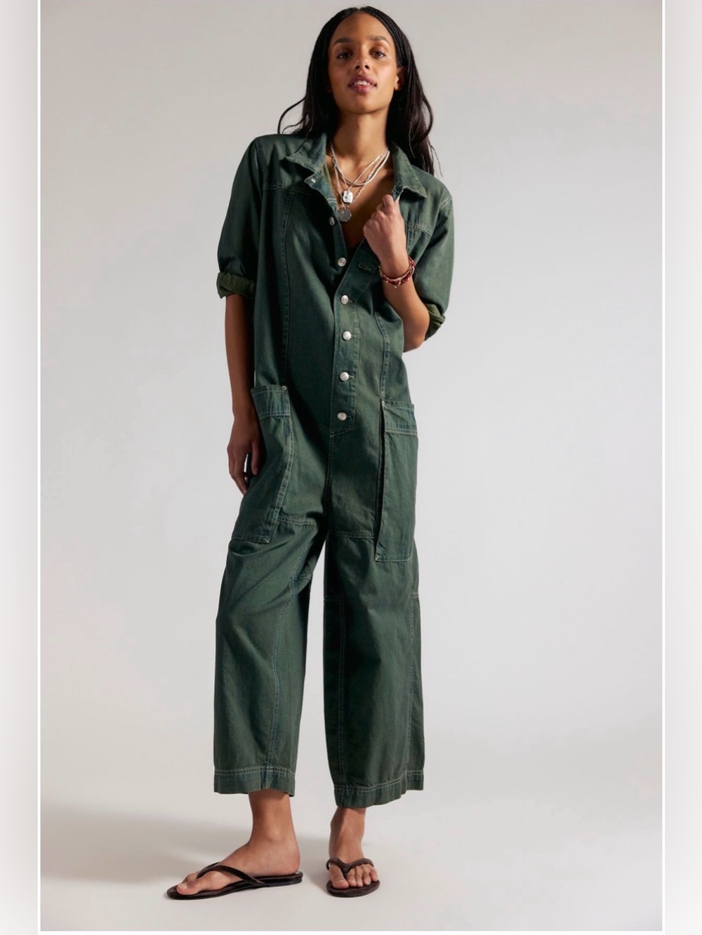 Free People We The Free Margarita Dark Green Utility Jumpsuit
